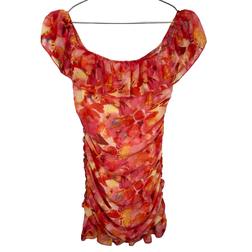 SHEIN Vacay Bright Pink Tropical Ruched Bodycon Mini‎ Dress Medium
